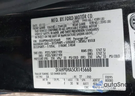 2012 Ford Fusion Se from USA, damaged, VIN 3FAHP0HA5CR145668